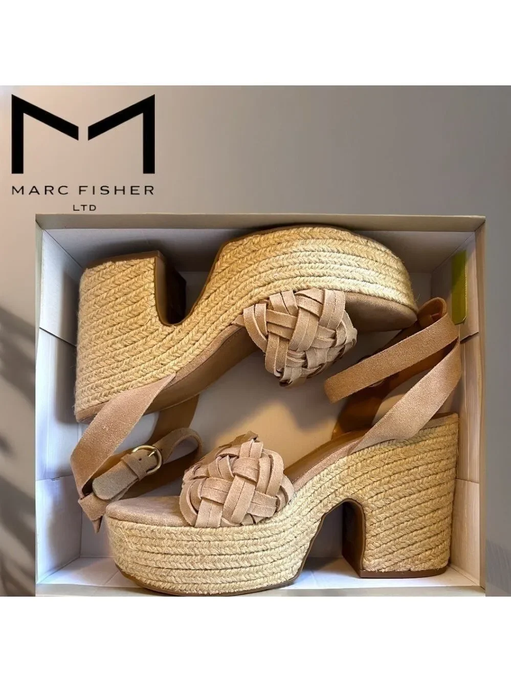 MARC FISHER Odilia Leather Upper Jute-Wrapped Platform Espadrille Wedge Sandals